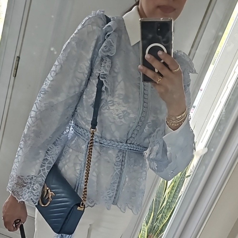 Blue Moroccan Lace Blouse with Ruffles